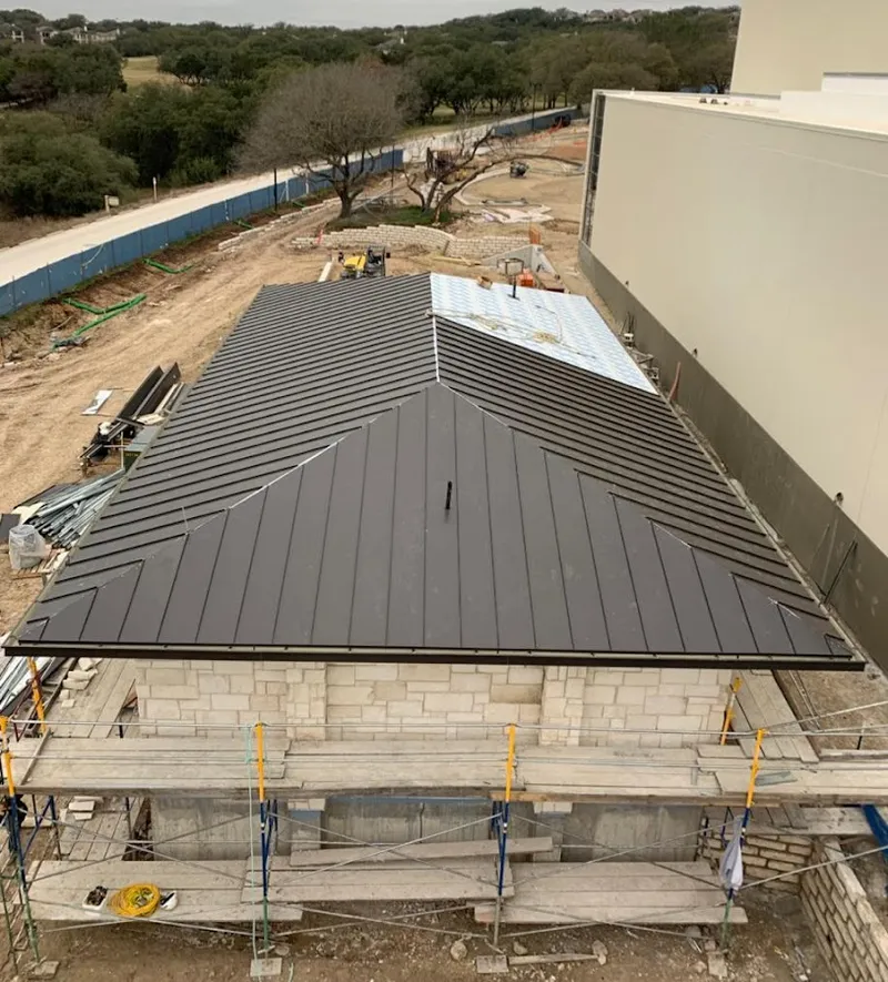Metal roof new construction with scaffolding in Hesperia